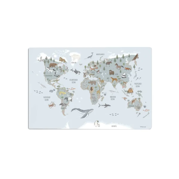 Weltkarte Tiere Schreibtischunterlage für Kinder – Lernweltkarte mit Tieren auf Deutsch
