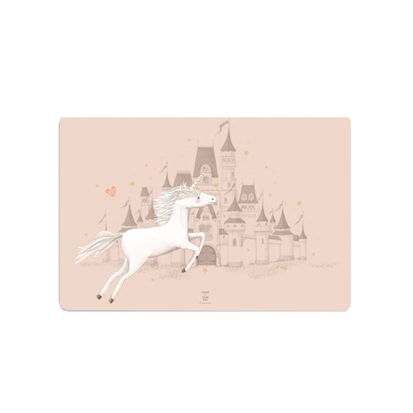 Castle with Unicorn Rosa Schreibtischunterlage – Einhorn und Schloss Motiv für Kinder