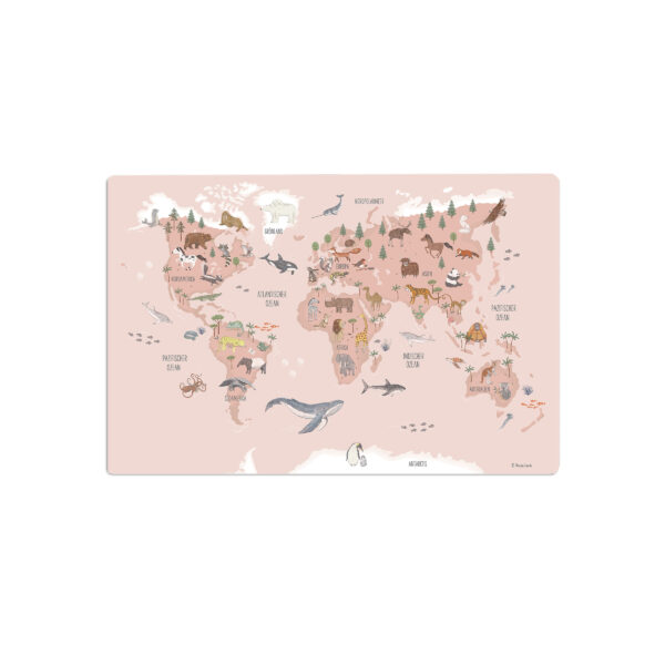 Weltkarte Tiere in deutsch Schreibtischunterlage – Rosa Motiv für Kinder