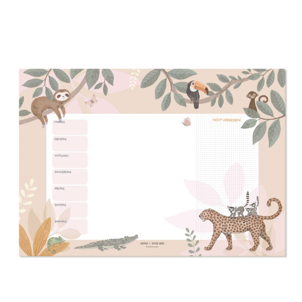 Wochenplaner für Kinder „Dschungeltiere rosa“ 35 x 50 cm aus Premiumpapier – Lernhilfe für die Schule