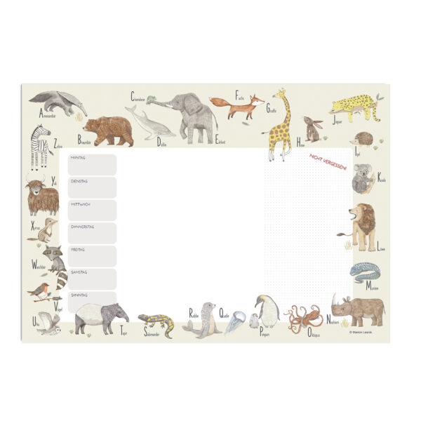 Wochenplaner für Kinder „Tier ABC“ 35 x 50 cm aus Premiumpapier – Lernhilfe für die Schule