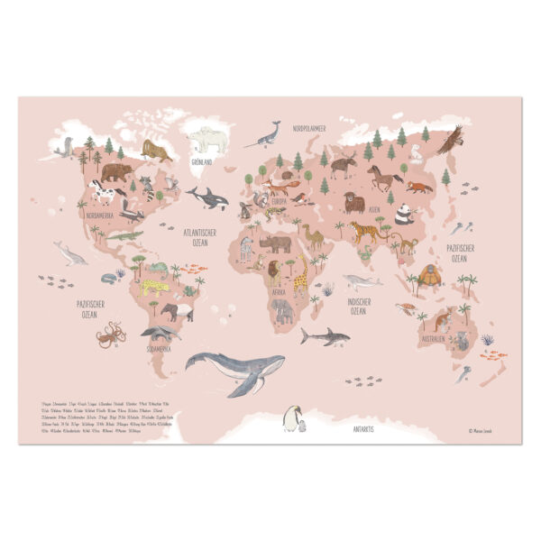 Lernposter für Kinder „Tiere dieser Welt Rosa“ – Weltkarte Wandbild 60 x 80 cm auf Premiumpapier