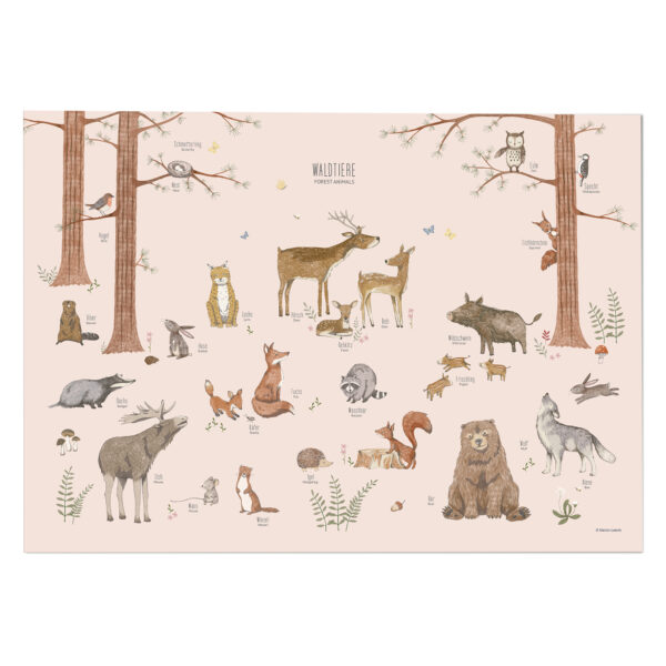 Lernposter für Kinder – „Waldtiere Deutsch in rosa“ - Wandbild 50 x 70 cm aus Premiumpapier
