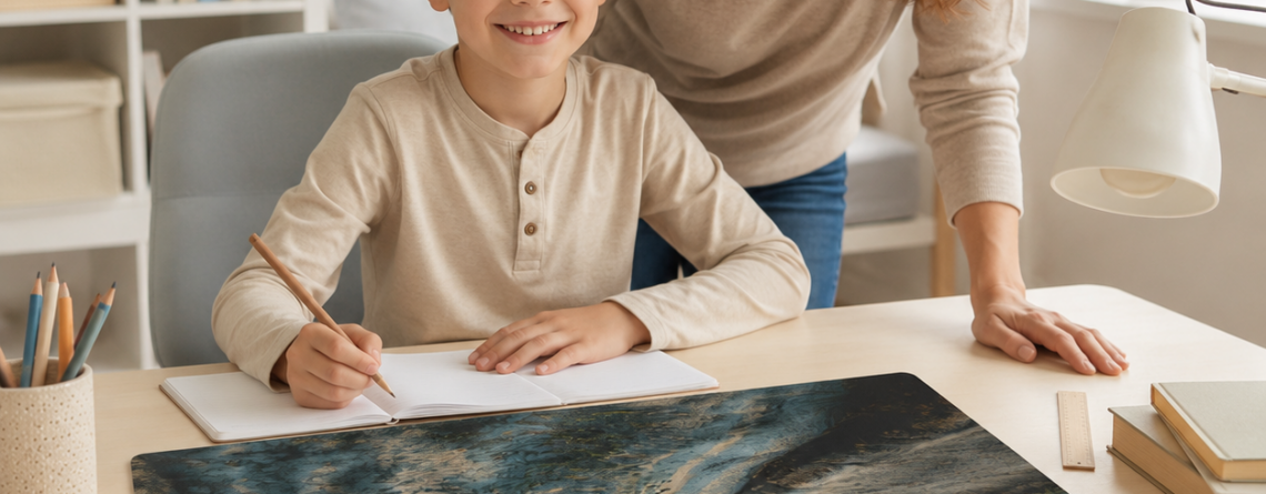 Mutter und Sohn mit personalisierbarer Schreibtischunterlage