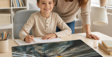 Mutter und Sohn mit personalisierbarer Schreibtischunterlage