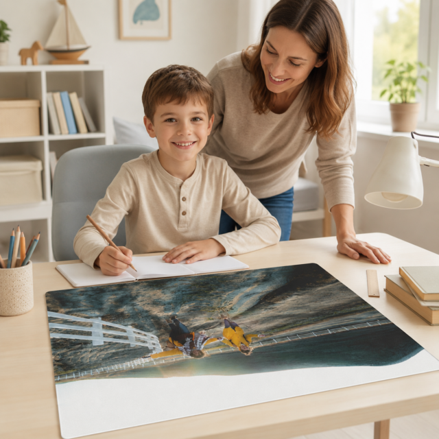 Mutter und Sohn mit personalisierbarer Schreibtischunterlage