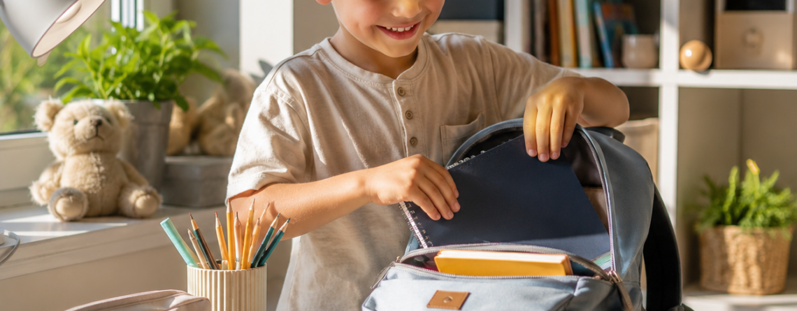 Glückliches Kind bereitet sich auf Einschulung vor