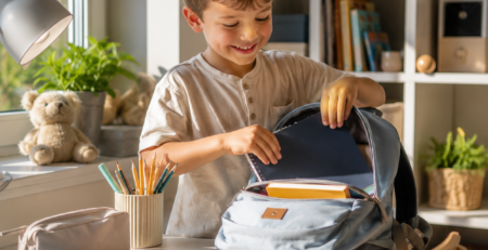 Glückliches Kind bereitet sich auf Einschulung vor