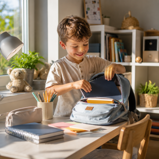 Glückliches Kind bereitet sich auf Einschulung vor