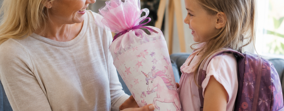 Mutter übergibt Tochter ein Geschenk zur Einschulung