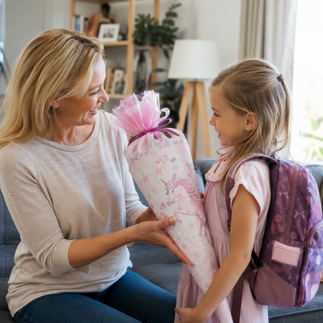 Mutter übergibt Tochter ein Geschenk zur Einschulung