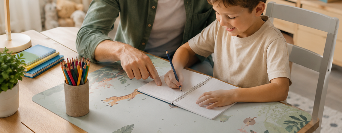 Vater und Sohn am schreibtisch mir Schreibtischunterlage