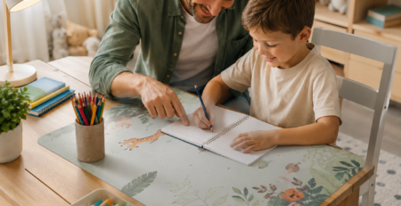 Vater und Sohn am schreibtisch mir Schreibtischunterlage