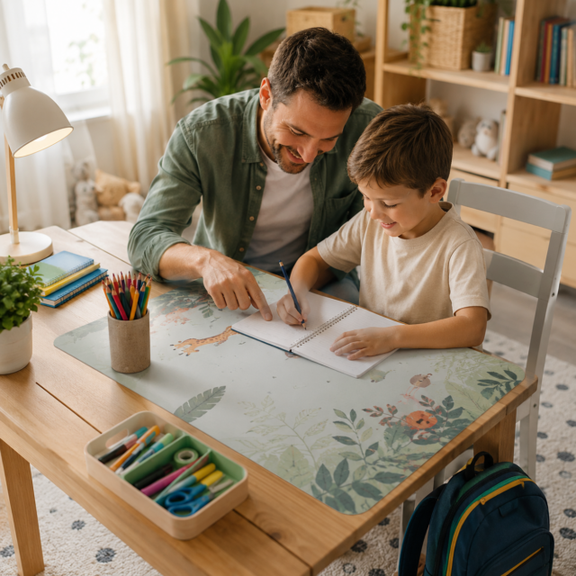 Vater und Sohn am schreibtisch mir Schreibtischunterlage